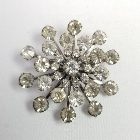 Vintage Coro Silver Tone Rhinestone Starburst Snowflake Brooch Lapel Pin, Signed - Picture 6 of 7